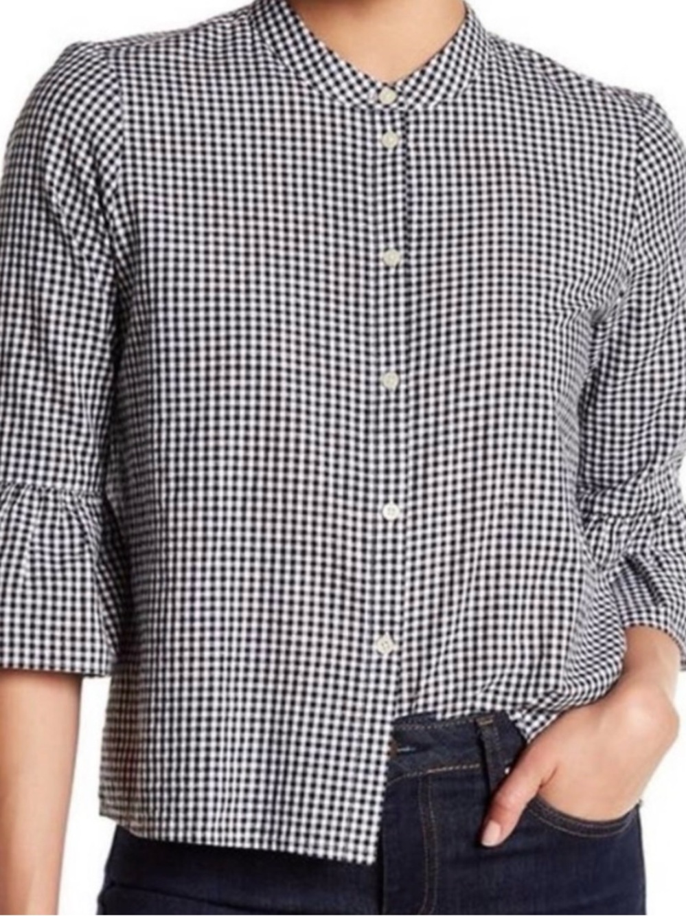 Madewell Black and White Gingham Button-Front Bell Sleeve Shirt